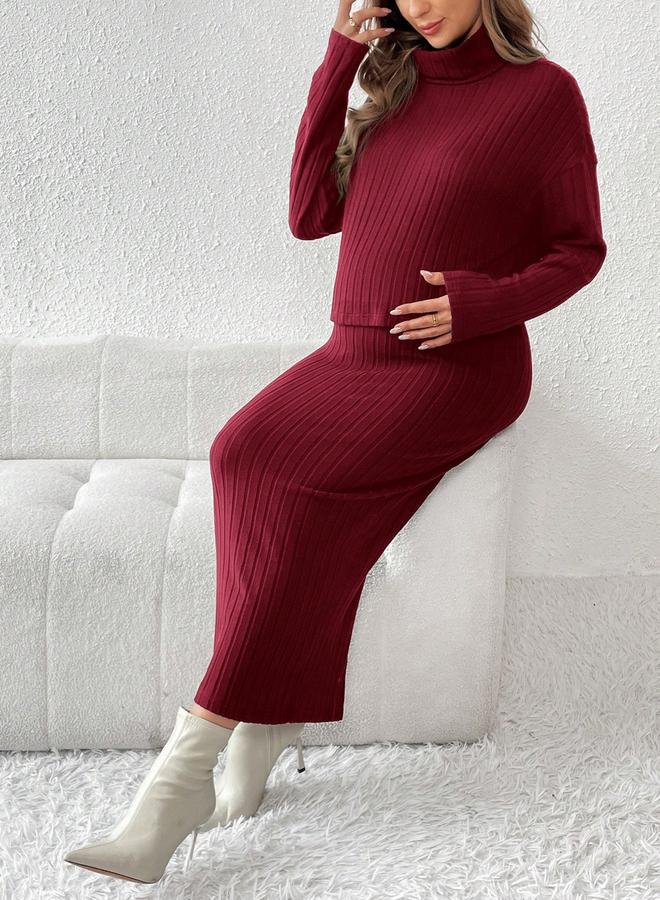 تايك تو طقم مضلع للحوامل بلوزة بياقة مرتفعة وتنورة بخصر مرن قابل للتعديل - Image 5